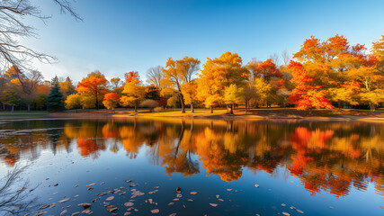 Small lake surrounded by forest with colorful plants at autumn blue cloudy sky and sunny day. Beautiful reflections. Beautiful colored trees with lake in autumn, landscape photography. AI generated	
