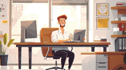 Poster - A man is sitting at a desk with a laptop and two monitors