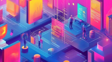 Aufkleber - Digital landscape showcasing futuristic technology interactions and data visualizations in a vibrant, abstract environment