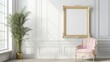© MDNANNU - Elegant Interior Mockup with Ornate Golden Frame and Pink Chair