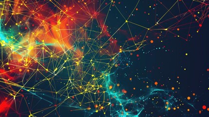 Poster - Abstract representation of a vibrant digital network showcasing interconnected nodes and dynamic colors in a dark background