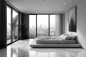 Wall Mural - A spacious, empty bedroom featuring a low-profile bed and a monochromatic color scheme. Concept of minimalist comfort.