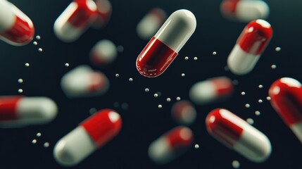 Red and White Medical Capsules Floating in Inky Black Background