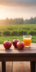 Wall Mural - Fresh apples and apple juice on table, orchard background. Harvest