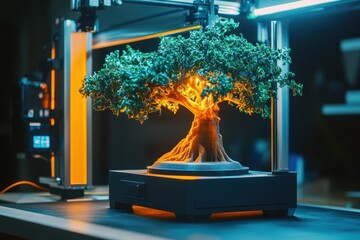 3D printer creating a bonsai tree table image features blue and orange lighting with a focus on quality