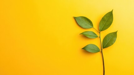 Wall Mural - fresh green leaves stand out strikingly against a vivid yellow backdrop, emphasizing the beauty of n