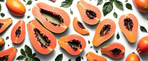 Wall Mural - Cut papaya on white. Healthy fruit. Top view