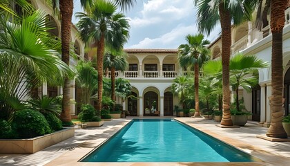 Canvas Print - Elegant oasis featuring palm trees and a stunning pool in a lavish courtyard setting