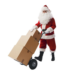 Happy Santa Claus pushing a hand truck