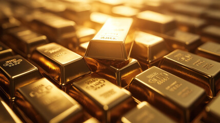 Golden bullion bars arranged together in shimmering light