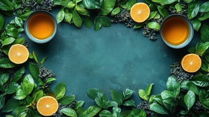 two tea cups and orange slices with leaves around.