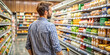 © Anhen Design - Rear view of a man shopping in a supermarket, thoughtfully choosing products from shelves filled with a variety of grocery items and fresh produce.