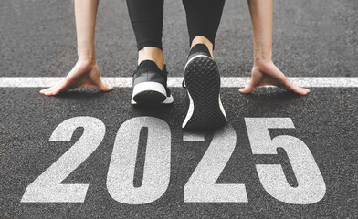 close-up of female feet, beginning and start of the new year 2025, goals and plans for the next year