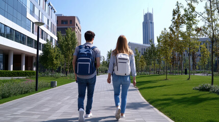 Two students with backpacks walk along a tree-lined path on a university campus, enjoying a sunny day.