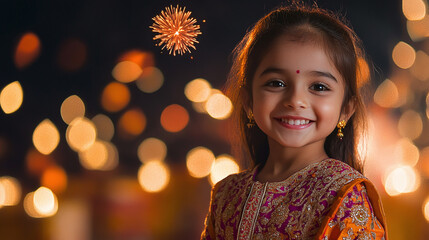 Wall Mural - Happy asian child celebrating diwali festival with firework background