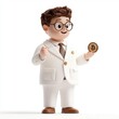 © TimelessClicks - Realistic 3D render of a digital coin character presenting at a digital conference with a white backdrop