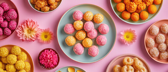 Wall Mural - Diwali ladoos, jalebis, and namkeen, beautifully arranged on plates