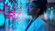 © Lorraine - Side profile of a Black female pharmacist analyzing holographic AI data in a futuristic lab, neon lights reflect on her face, glowing medical charts hover in front of her, digital art, sci-fi style