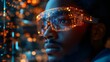 © Lorraine - Side profile of an African American IT professional, scanning augmented reality data feeds, cyber security alert signals, AI integration with holographic visuals