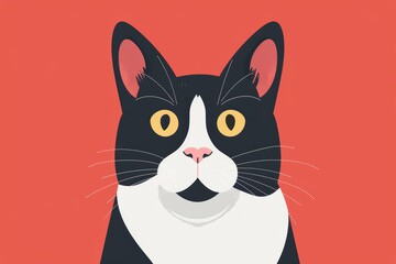 Cartoonish tuxedo cat on red background