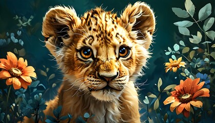 Wall Mural - Whimsical big-eyed lion cub amidst vibrant flowers and lush leaves in striking dark green and light blue hues