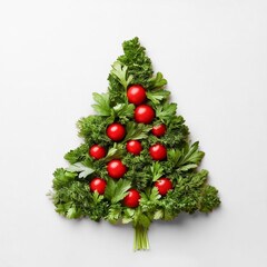 Christmas tree shape made from fresh dill, parsley and cherry tomatoes, raw food concept