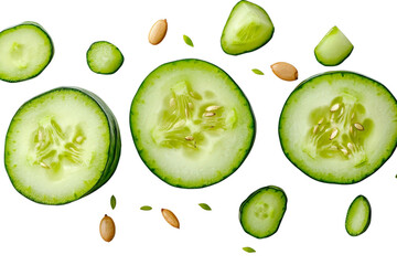 Wall Mural - A sliced cucumber revealing seeds inside, isolated on a transparent background, PNG file.