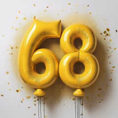 Wall Mural - Yellow birthday / anniversary balloon, number 68, white background with confetti