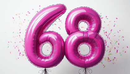 Wall Mural - Pink birthday / anniversary balloon, number 68, white background with confetti