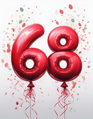 Sticker - Red birthday / anniversary balloon, number 68, white background with confetti