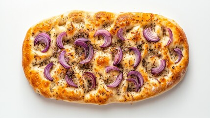 A delicious homemade focaccia bread topped with red onion, photographed from above on a white background.