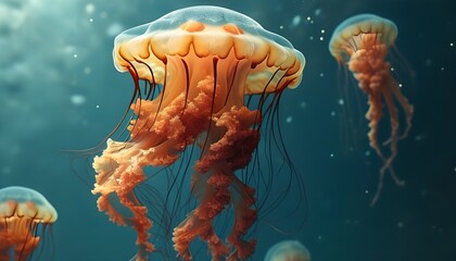 Dreamlike jellyfish with whimsical animal features in a vibrant underwater world