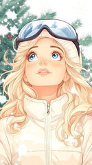 A girl with blonde hair and blue eyes is wearing goggles and a white jacket. She is looking up at a tree