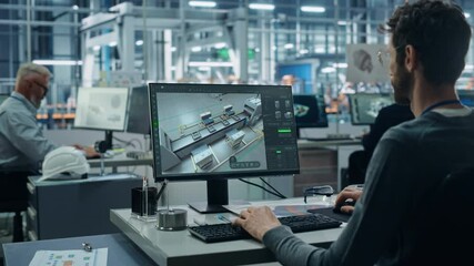 Leinwandbilder - Advanced Manufacturing: Team of Engineers Collaborate on Design of Robotic 3D Assembly Line. Screen Shows Software Automated Production Process, Optimizing Industrial Facility Layout