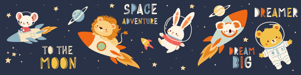 Wall Mural - A collection of flat vector illustrations in children's style. Cute animals flying in spacesuits and on a rocket. Lion mouse bunny koala fox bear cub. A set of space-themed lettering and captions