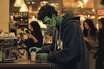 A green-skinned humanoid figure prepares a drink at a café, surrounded by people enjoying their time, blending a fantasy character with a modern setting.