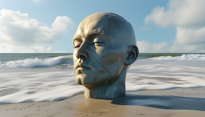 Wall Mural - Faces emerging from the beach, blending digital modeling and optical illusions in captivating 3D art