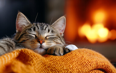 Fluffy tabby kitten with big, beautiful, green eyes, curled up on a soft, white bed