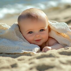 Portrait of adorable newborn baby at the beach