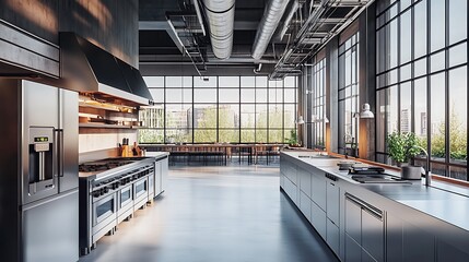 Modern Minimalist Kitchen Room with Wooden Table, luxurious Interior Design, Furniture with Background