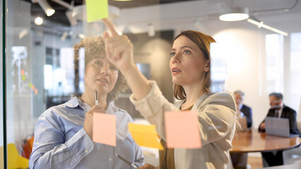 Two businesswomen brainstorming while making a business plan at their company