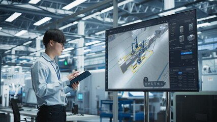 Aufkleber - Smart Factory Innovation: Asian Engineer Analyzes Concept of Automated Production Line on Large Screen TV Screen. Using Digital Tablet Computer He Optimizes Manufacturing in Industrial Facility