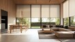 © Intach - Modern interior with large automatic roller blinds, wooden decor panels on the walls, and electric solar shades filtering soft light.