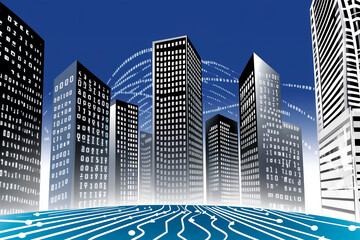 Wall Mural - smart city with binary code and data network flow