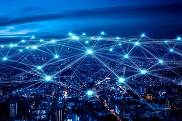 Wall Mural - global network connections with data flow and binary code