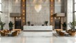 © HuynhThiThuy - A sophisticated hotel lobby with a sleek modern design, featuring a marble reception desk, plush velvet chairs, gold accents, a grand chandelier hanging from a high ceiling,