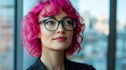 Candid shot of a confident lesbian businesswoman with vibrant pink hair, gazing out of a modern office window. A symbol of LGBTQ+ success and leadership