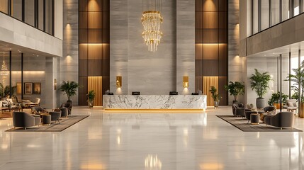 Wall Mural - A sophisticated hotel lobby with a sleek modern design, featuring a marble reception desk, plush velvet chairs, gold accents, a grand chandelier hanging from a high ceiling,