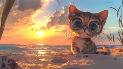 A charming cartoon cat with large eyes, perched on a sandy beach with its trunk raised, against a sunset backdrop. Rendered in C4D.