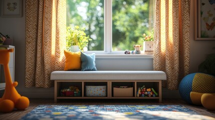 Low, padded bench with toy storage underneath, placed near a window with cheerful curtains.